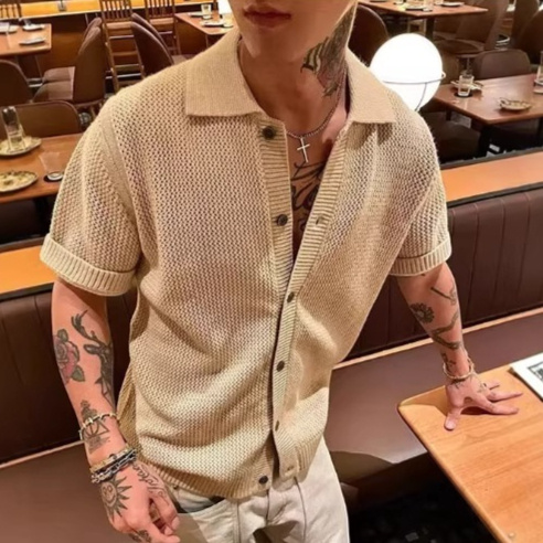 Hollow-out Knitted Short-Sleeve Men's Half-Sleeve T-Shirt