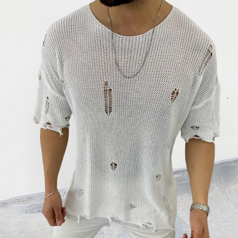 Men's Fashion Round Neck Short Sleeves Hollow-out Pullover Sweater